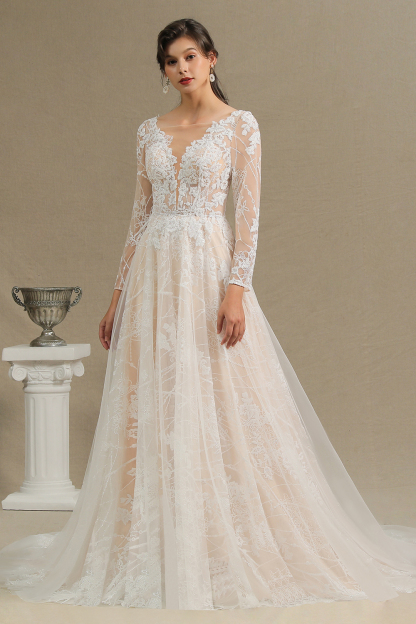 Elegant Lace Deep V-neck Wedding Dress Long Sleeve Floor Length Bridal Gowns