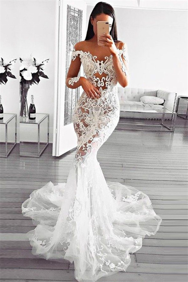 Gorgeous Sexy Mermaid Off Shoulder Wedding Dresses UK | Long Sleeves Appliques Sheer Bridal Gowns