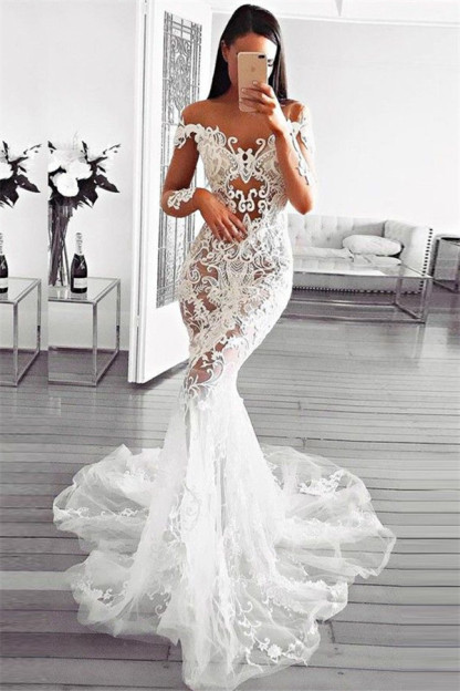 Gorgeous Sexy Mermaid Off Shoulder Wedding Dresses UK | Long Sleeves Appliques Sheer Bridal Gowns