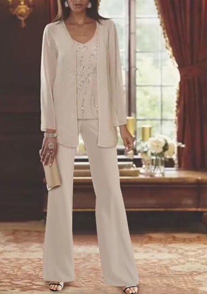 3 Piece Mother of the Bride JumpSuit Chiffon Sequins Wedding Guest Suits