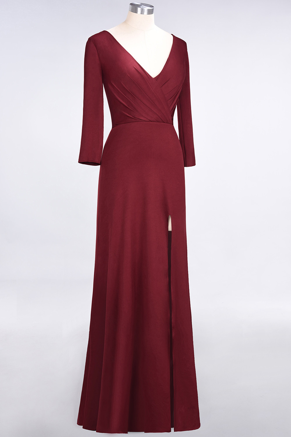 Sexy A-line Spandex Alluring V-neck Long-Sleeves Side-Slit Floor-Length Bridesmaid Dress UK UK with Ruffles-27Dress.co.uk