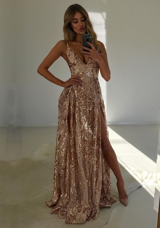 Luxury V-Neck Sequins Evening Dress UK | 2019 Prom Dress UK With Slit
