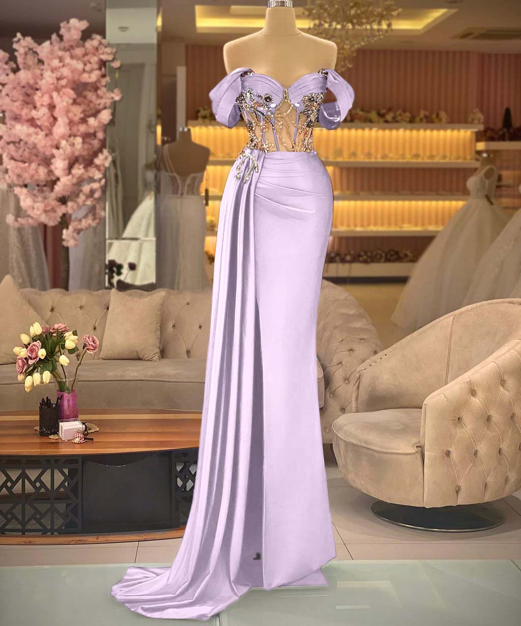 Elegant Off the Shoulder Royal Blue Beaded Sleeveless Prom Dress With Split