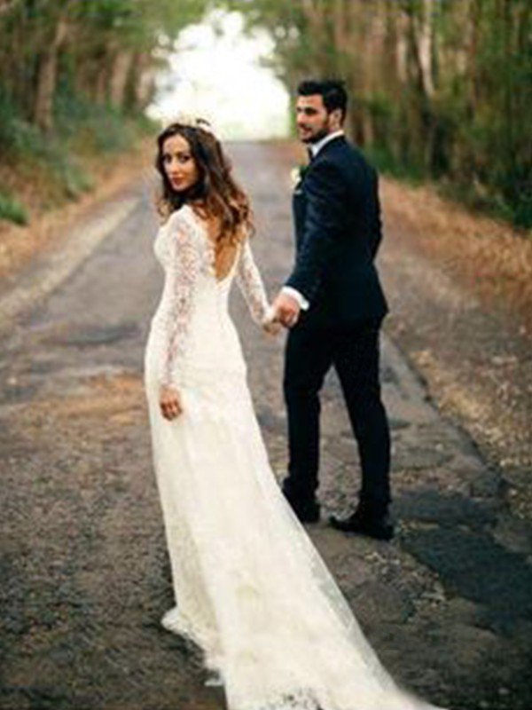 V-neck Sheath Court Train Applique Lace Long Sleeves Wedding Dresses UK-27Dress.co.uk