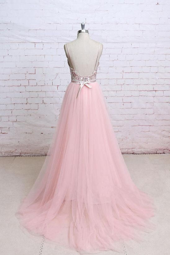Sexy Lace Appliques Spaghetti-Strap Prom Dress UKes UK Sheer Backless Bowknot Sleeveless Evening Dress UKes UK