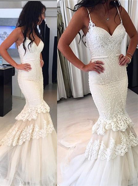 Delicate White Sexy Mermaid Ruffles Wedding Dress | Lace Beads Bridal Gown