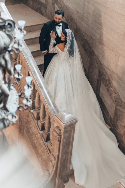 Appliques Lace Crystal Long Sleeve Princess Wedding Dresses Chapel Train