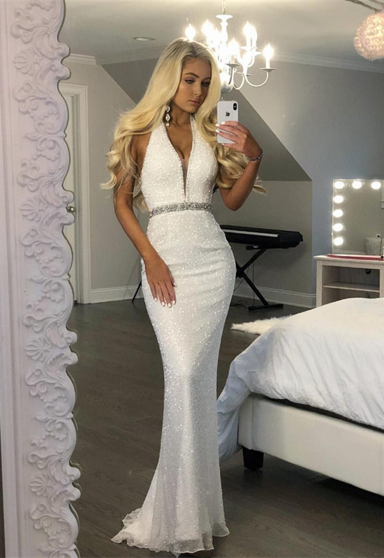 Halter V-neck Mermaid Prom Dresses | White Evening Gowns with Beading Sash-27Dress.co.uk