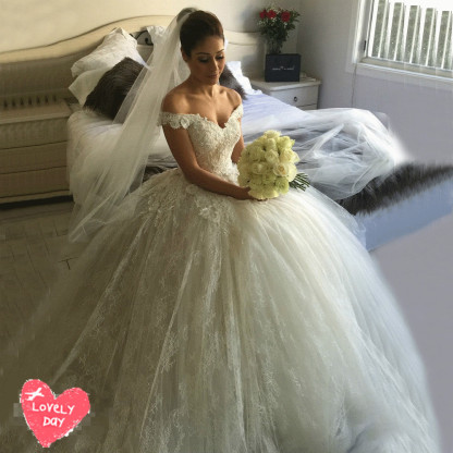 Gorgeous Off-the-Shoulder Ball Gown Wedding Dress Tulle Lace Appliques