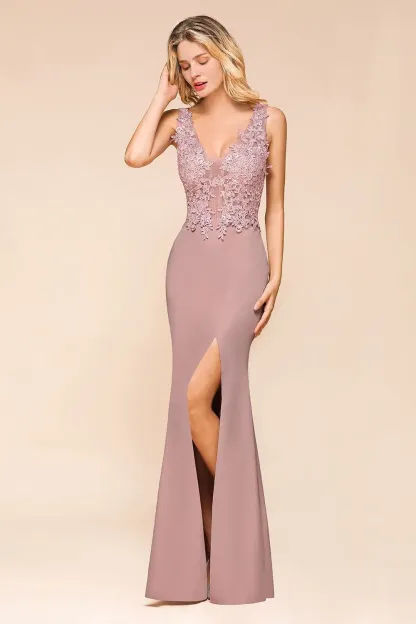 Stylish Dusty Pink Chiffon Lace Appliques Mermaid Bridesmaid Dress V-Neck Sleeveless Evening Party Dress