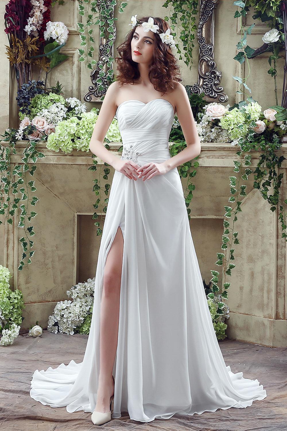 Front Split White Wedding Dress Beadss Sweetheart Sleeveless