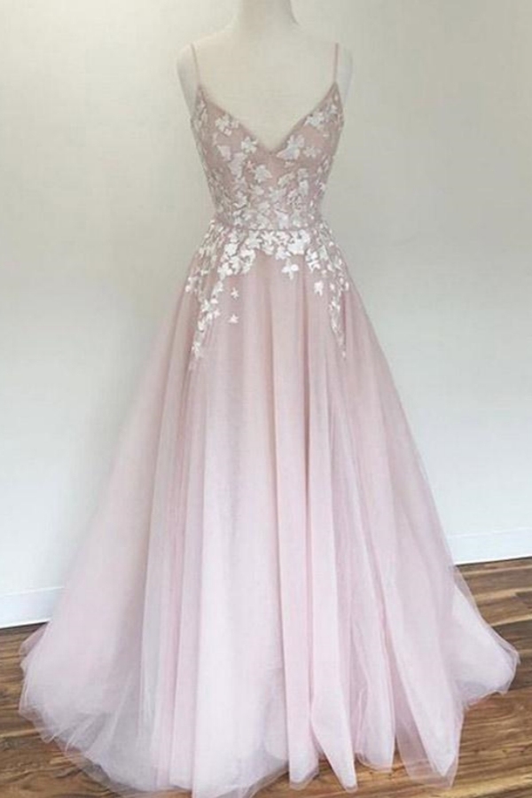 Charming A-Line Appliques Spaghetti Straps Long Prom Dress