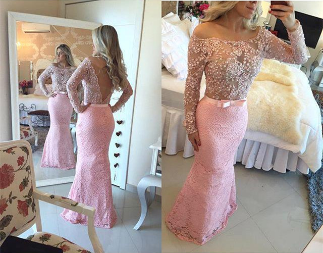 Modern Long Sleeves Pink Prom Dress UKes UK Mermaid Lace Floor Length