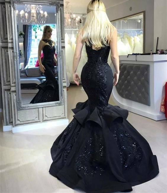 Elegant Black Mermaid Prom Dress UK Long Sequins Ruffles Party Gowns BA7654