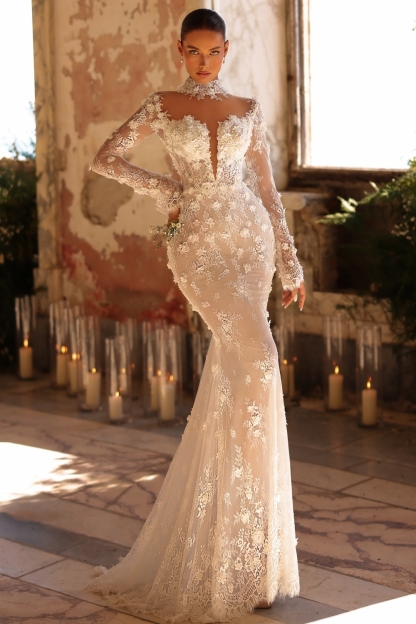 Unique High Neck Appliques Lace Mermaid Wedding Dresses Long Sleeve