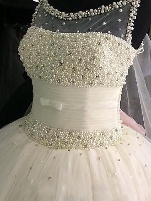 Floor-Length Tulle Ball Gown Beads Scoop Neckline Sleeveless Wedding Dresses UK-27Dress.co.uk