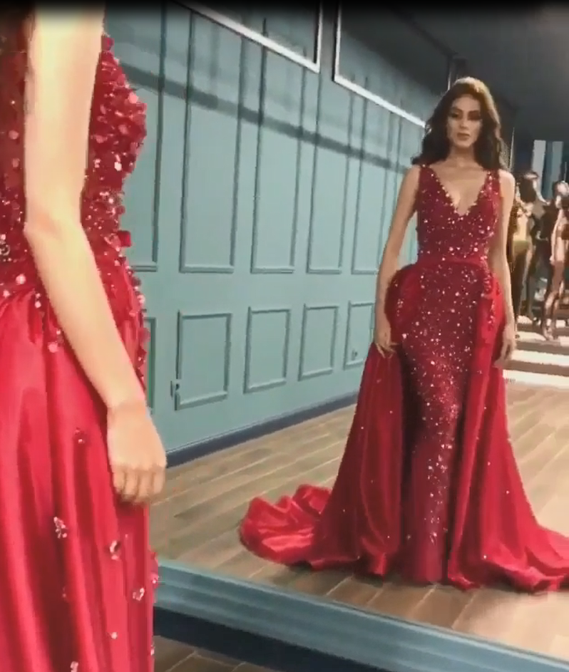 Sparkle Elegant Mermaid V-Neck Crystals Prom Dress UKes UK UK with Overskirt