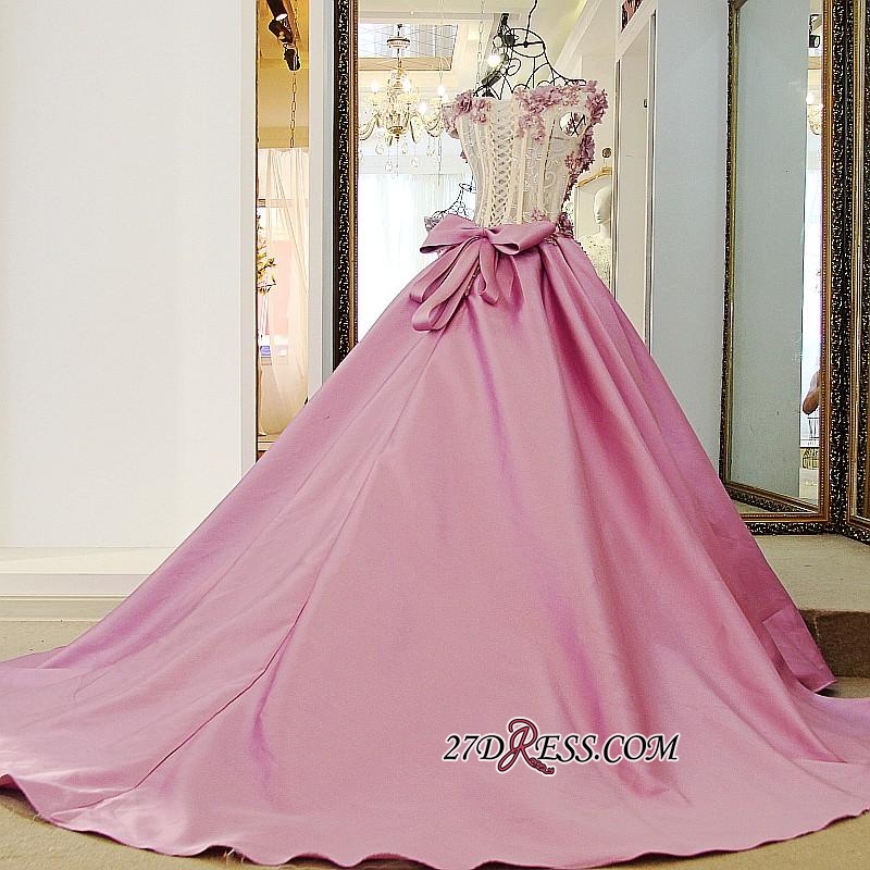 Off-the-Shoulder Puffy Beaded Applique Flowers Pink Prom Dress UKes UK With Bows