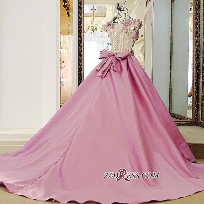 Off-the-Shoulder Puffy Beaded Applique Flowers Pink Prom Dress UKes UK With Bows
