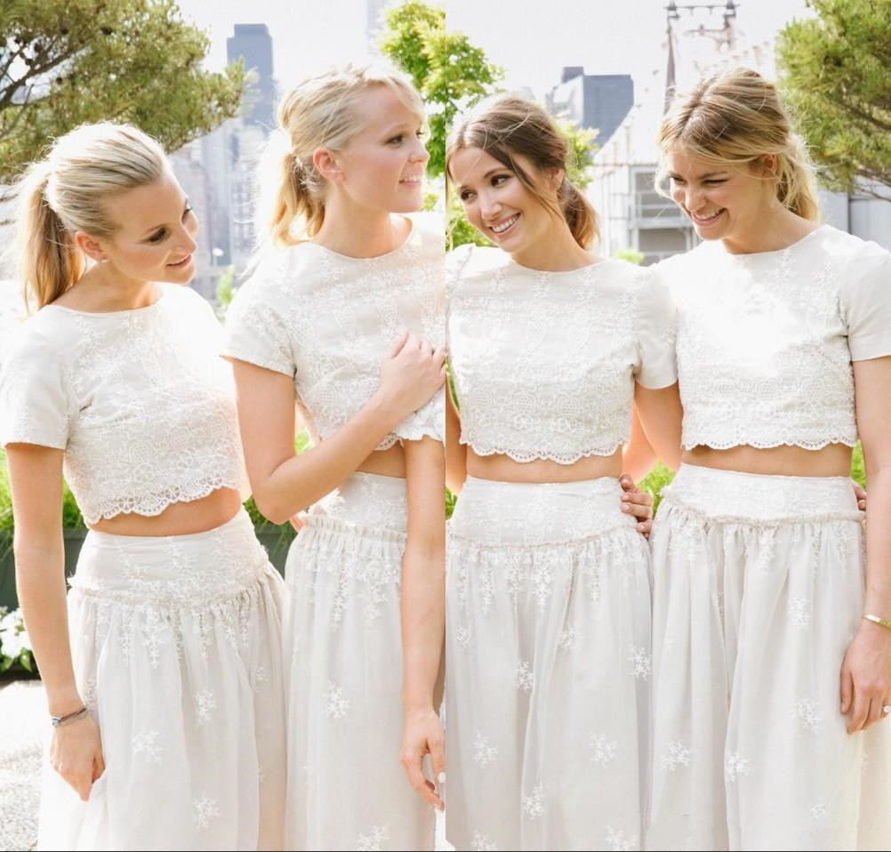 Modern White Two Piece A-line Bridesmaid Dress UK Lace Short Sleeve Jewel