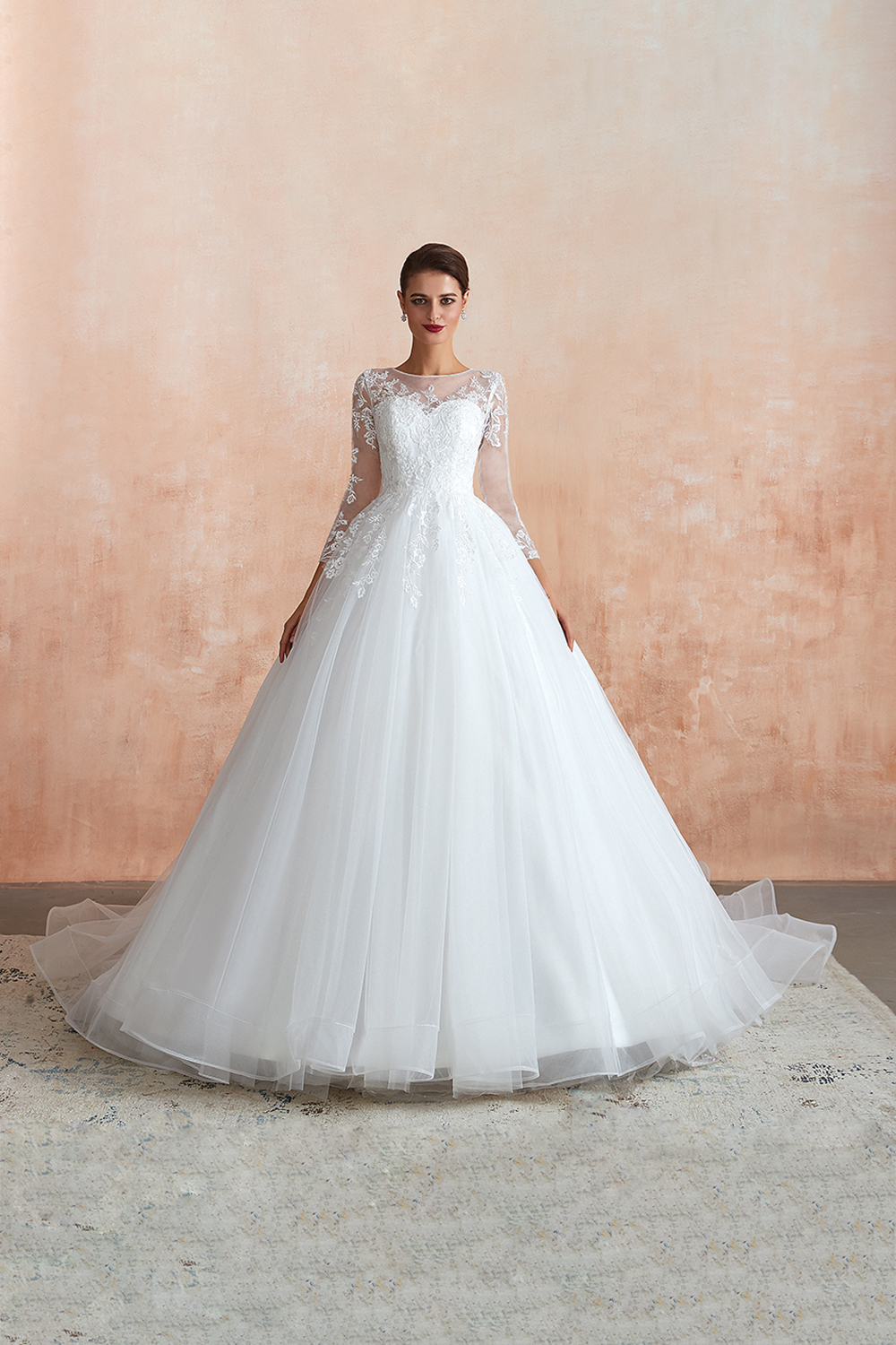 Elegant Long sleeves Wedding Dress White Lace Buttons Ball Gown
