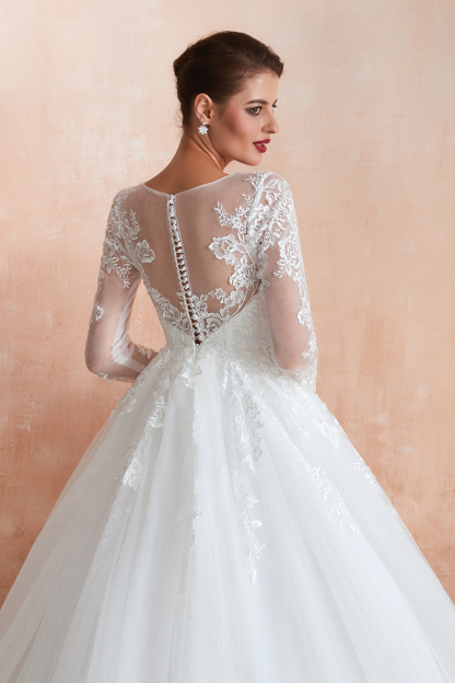 Elegant Long sleeves Wedding Dress White Lace Buttons Ball Gown