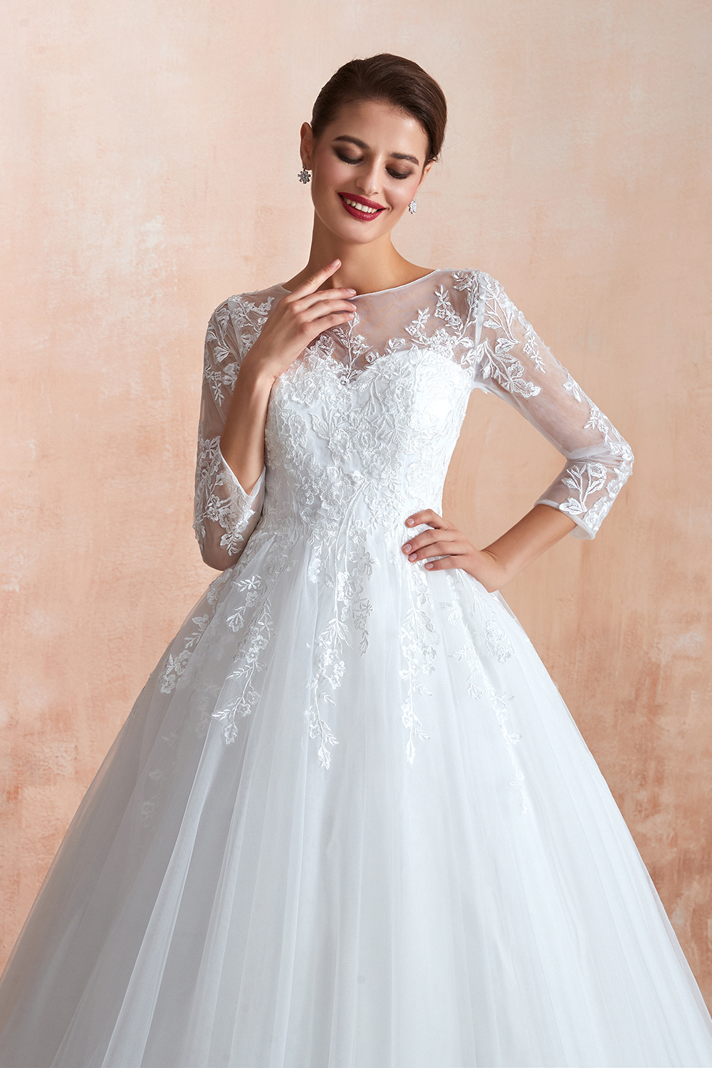 Elegant Long sleeves Wedding Dress White Lace Buttons Ball Gown