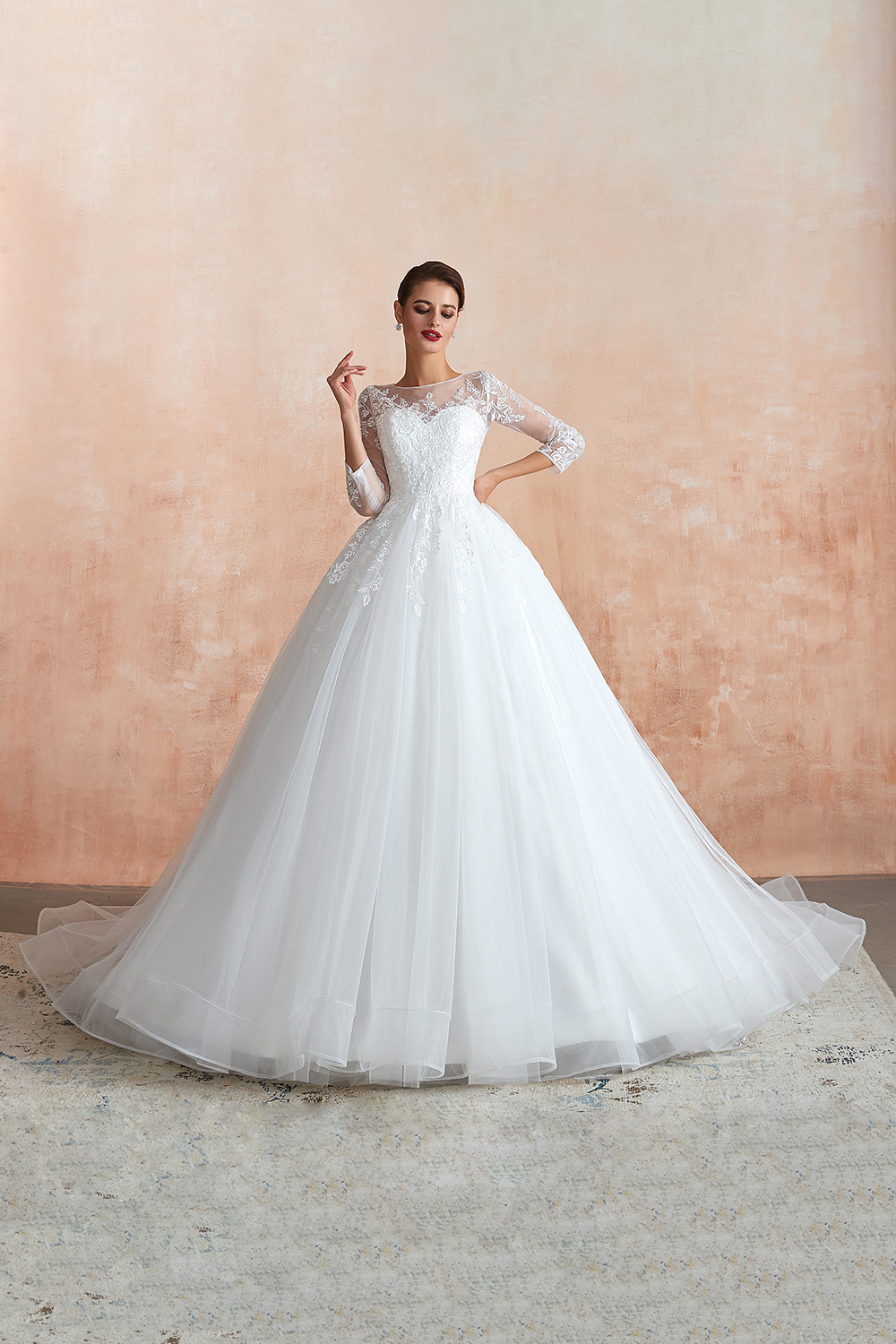 Elegant Long sleeves Wedding Dress White Lace Buttons Ball Gown