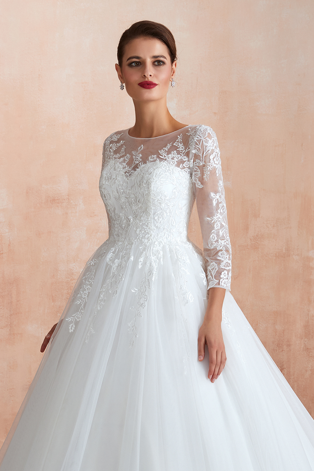Elegant Long sleeves Wedding Dress White Lace Buttons Ball Gown