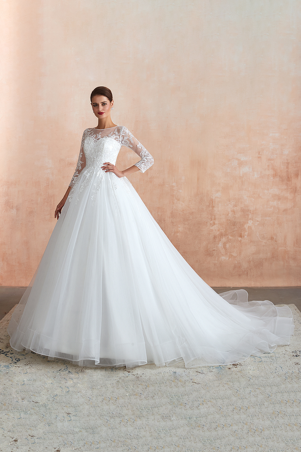 Elegant Long sleeves Wedding Dress White Lace Buttons Ball Gown