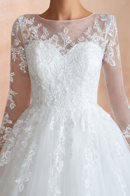 Elegant Long sleeves Wedding Dress White Lace Buttons Ball Gown