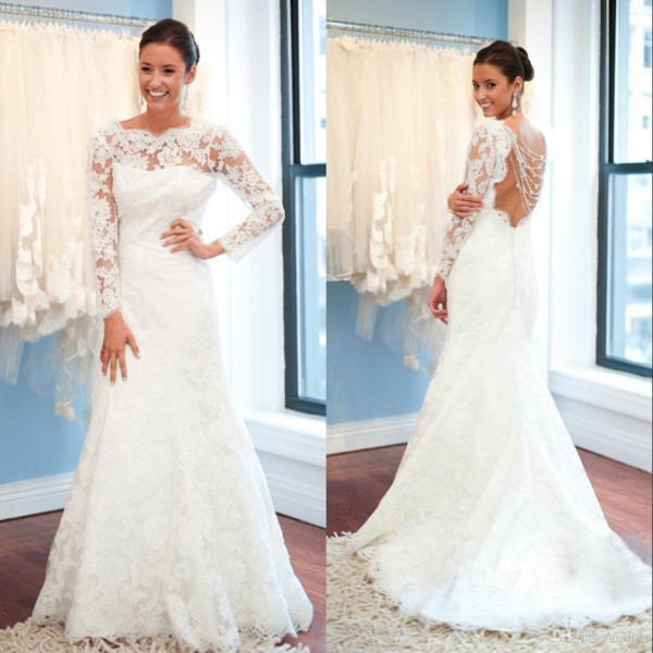 Elegant Lace Long Sleeve Wedding Dress White Sweep Train