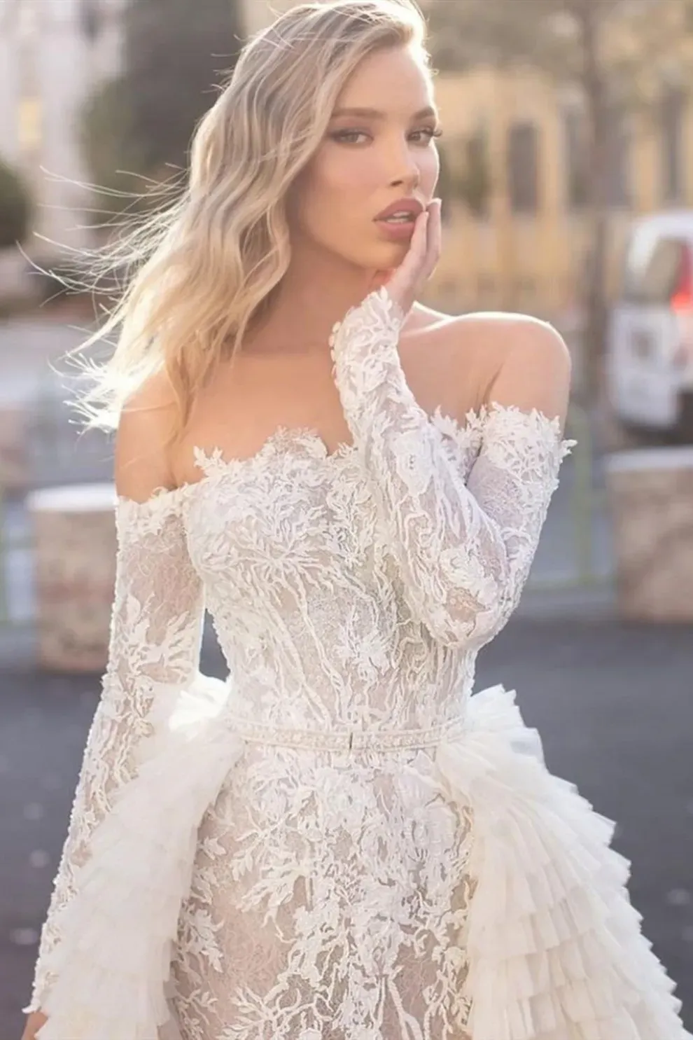 Off-the-Shoulder Lace Mermaid Long Sleeves Wedding Dresses with Detachable Train