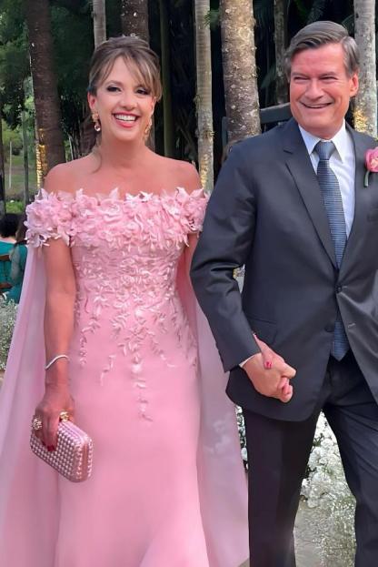 Off-the-Shoulder Pink Flowers Chiffon Mother of the Bride Dress Floor Length Wedding Guest Dress