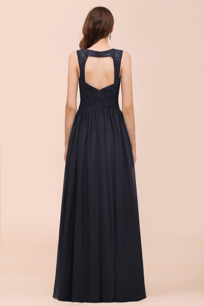 Chic Sleeveless V-Neck Navy Blue Lace Bridesmaid Dress Chiffon Wedding Party Dress