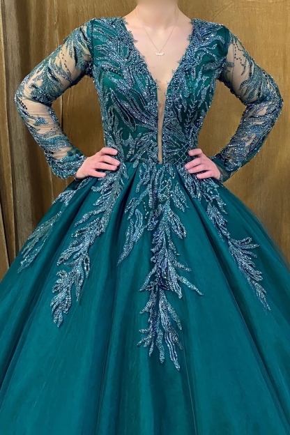 V-neck Sequins Floor-length A-Line Prom Dresses Long Sleeve