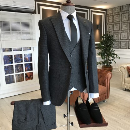 Osmond Black Small Plaid Peaked Lapel Double Breasted Waistcoat Custom Business Suits