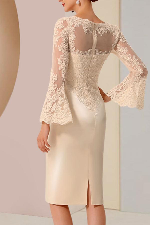 Elegant Satin Knee Length Mother of the Bride Dress Lace Wedding Wear Formal Dress