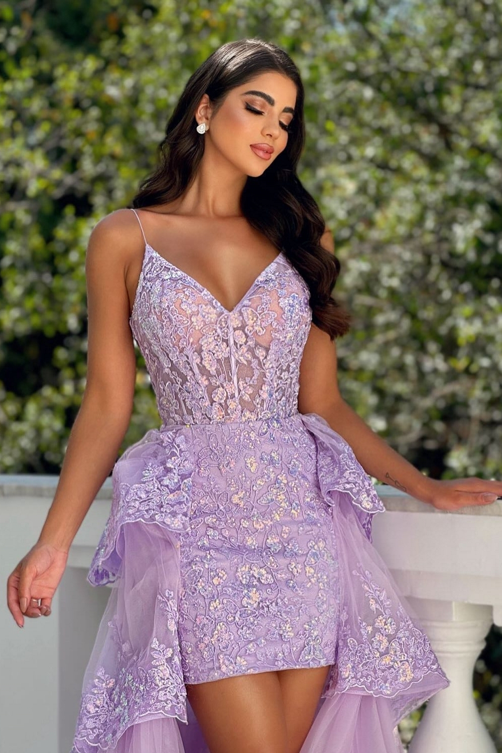 V-neck Spaghetti Straps Appliques Lace Sequins Mermaid Prom Dresses