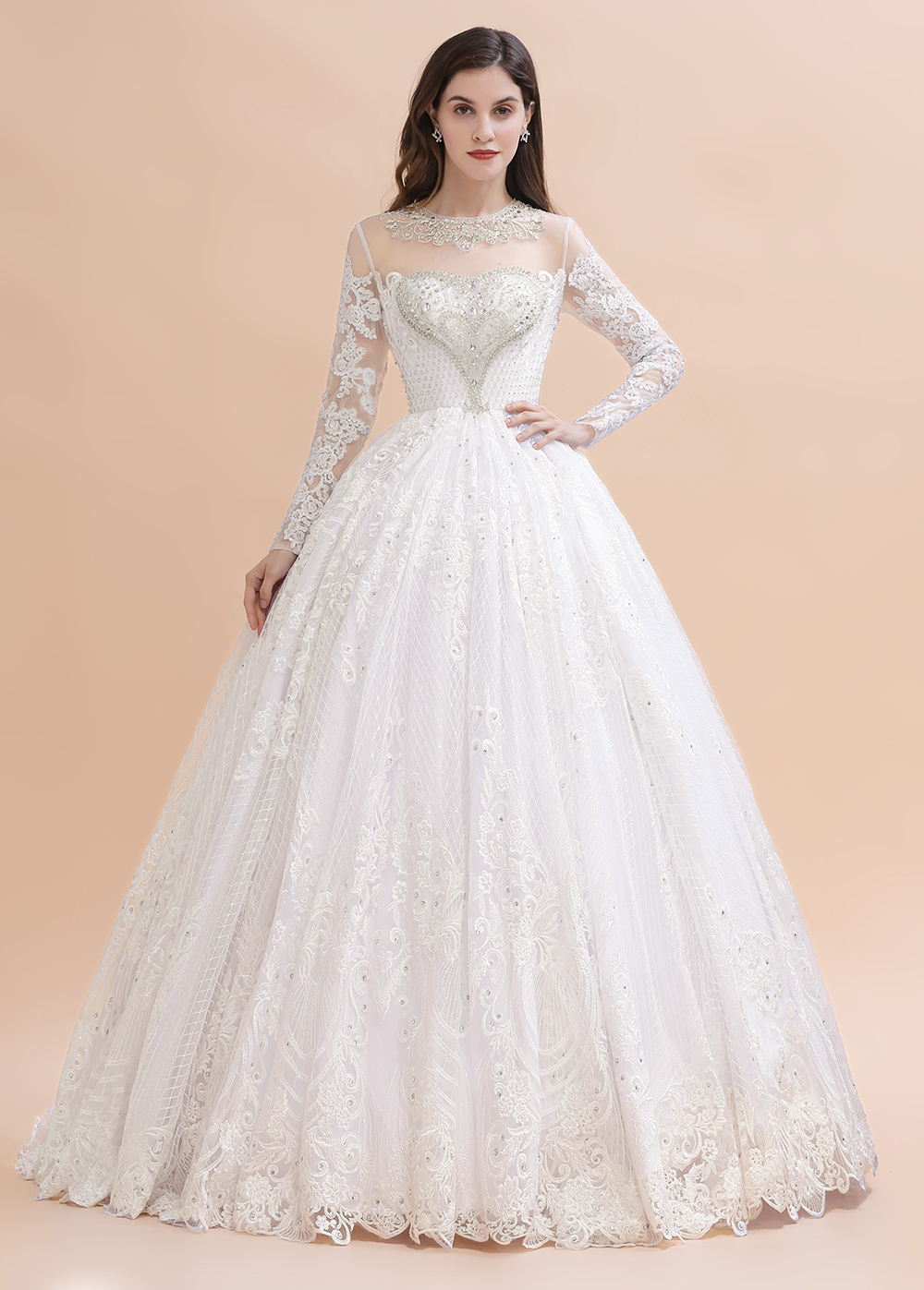 Gorgeous Long Sleeve Wedding Dress Beads White/Ivory with Lace Appliques