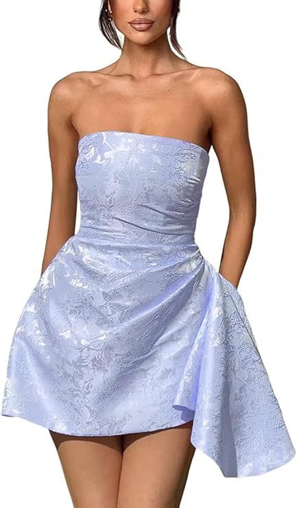 Strapless Ruched Satin Short Party Dress Sleeveless Knee Length Jacquard Homecoming Dress with Pocket