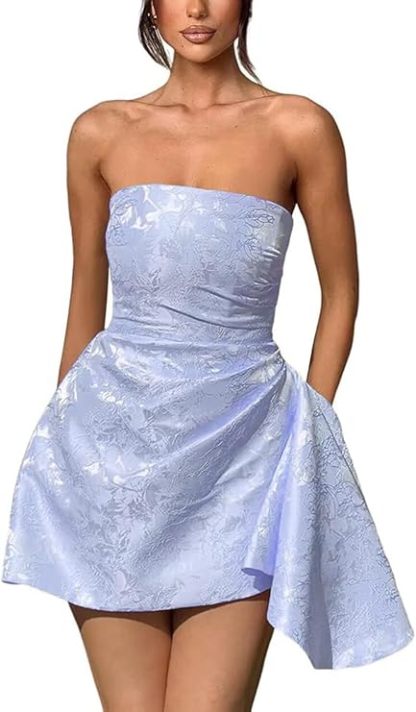 Strapless Ruched Satin Short Party Dress Sleeveless Knee Length Jacquard Homecoming Dress with Pocket
