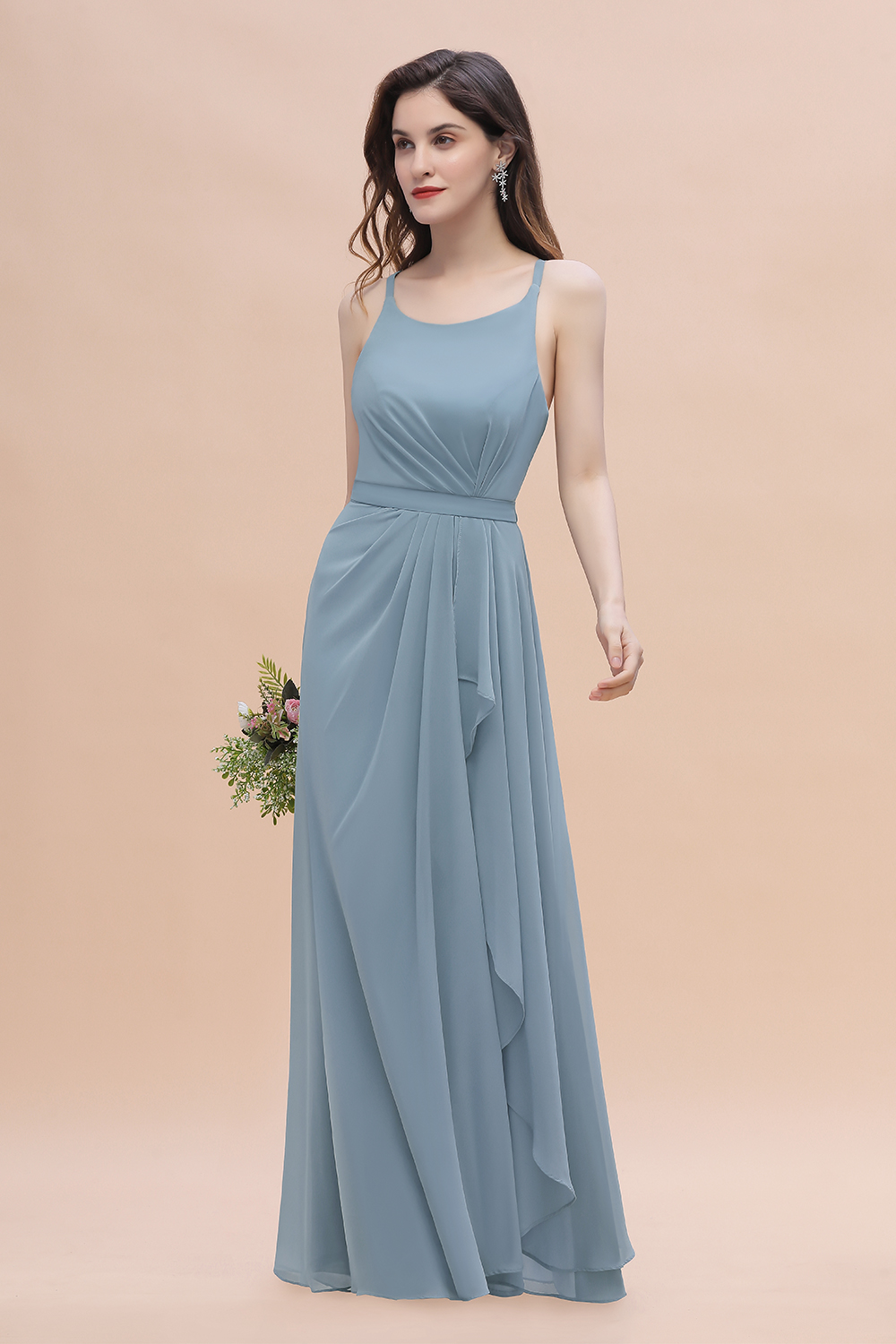 Gorgeous Dusty Blue Chiffon Bridesmaid Dress with Side Slit