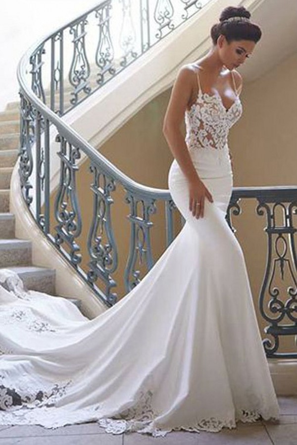 Spaghetti Strap Wedding Dress Sexy Mermaid Lace Bridal Gown-27Dress.co.uk