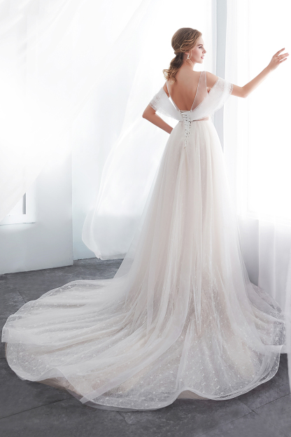 NANCY | A-line Sleeveless Floor Length Lace Ivory Wedding Dresses UK