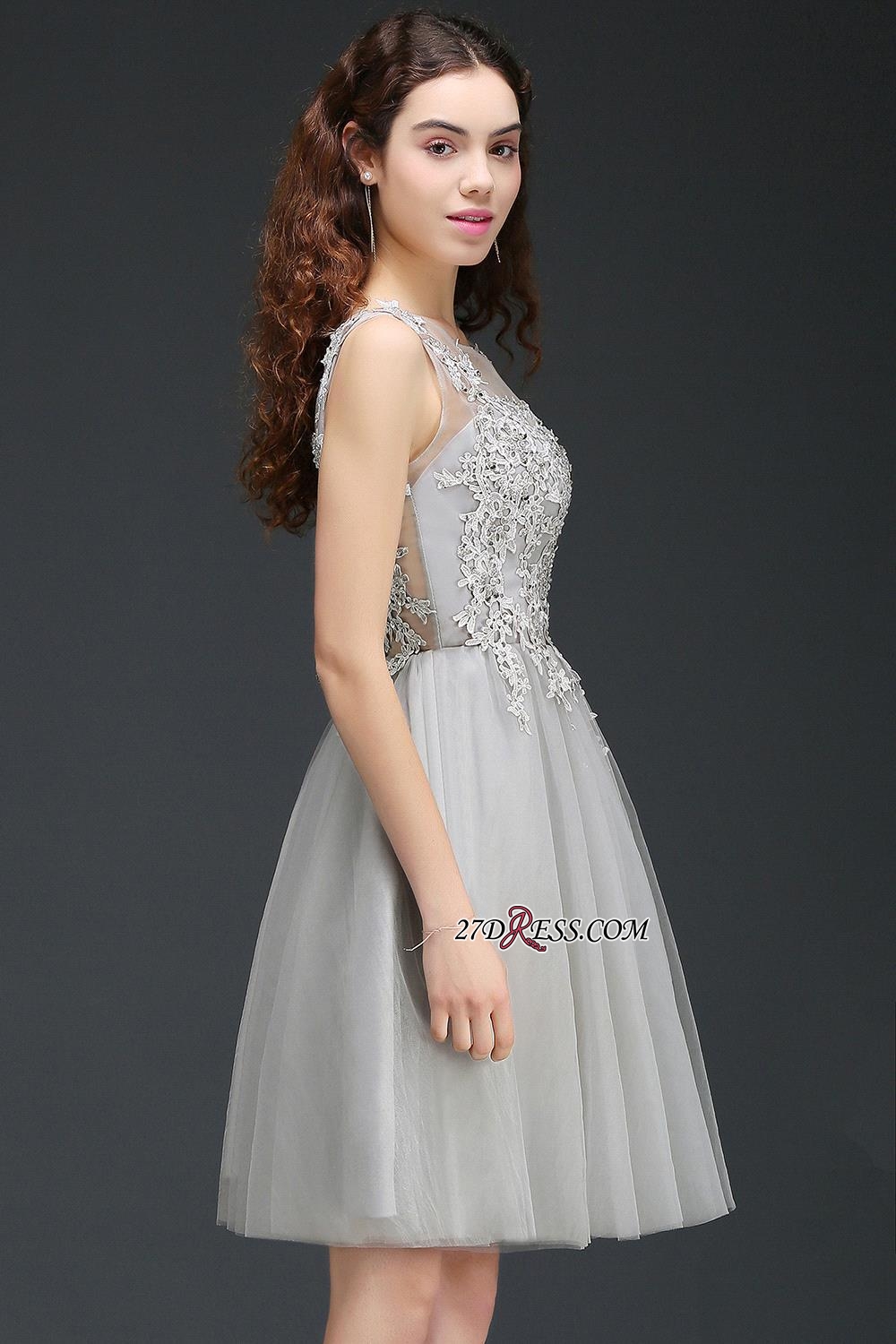 Silver Tulle Short A-Line Sleeveless Appliques Homecoming Dress UK