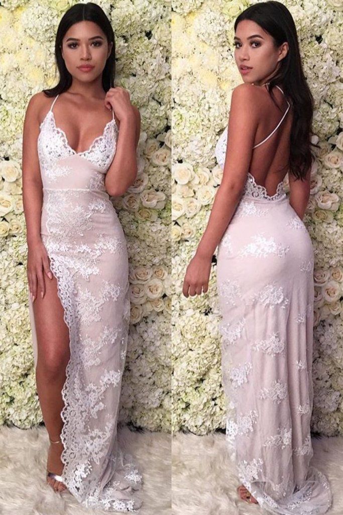 Lace Appliques Halter Prom Dress UKes UK Side Split Lace-Up Sleeveless Evening Dress UKes UK