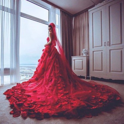 Red Tulle Princess Wedding Dress Flowers Court Train