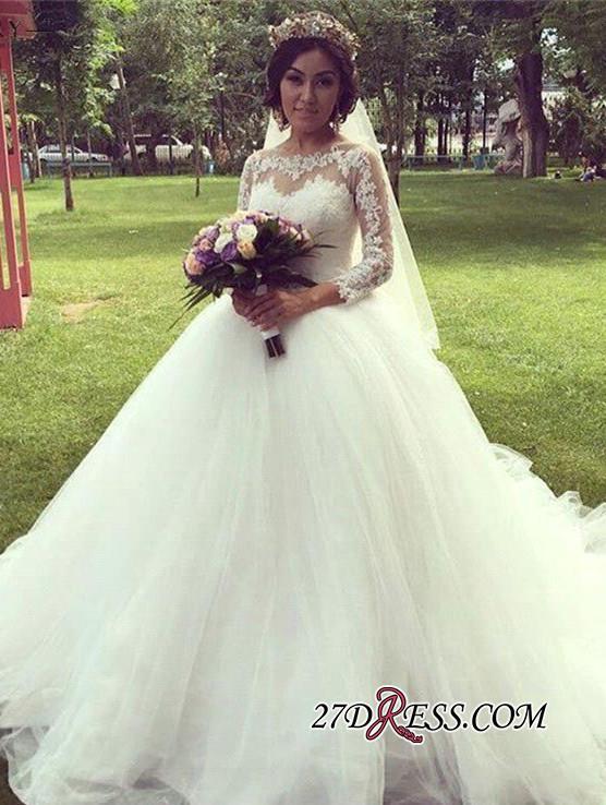 Ball-Gown Long-Sleeve Tulle Elegant Lace Princess Wedding Dress