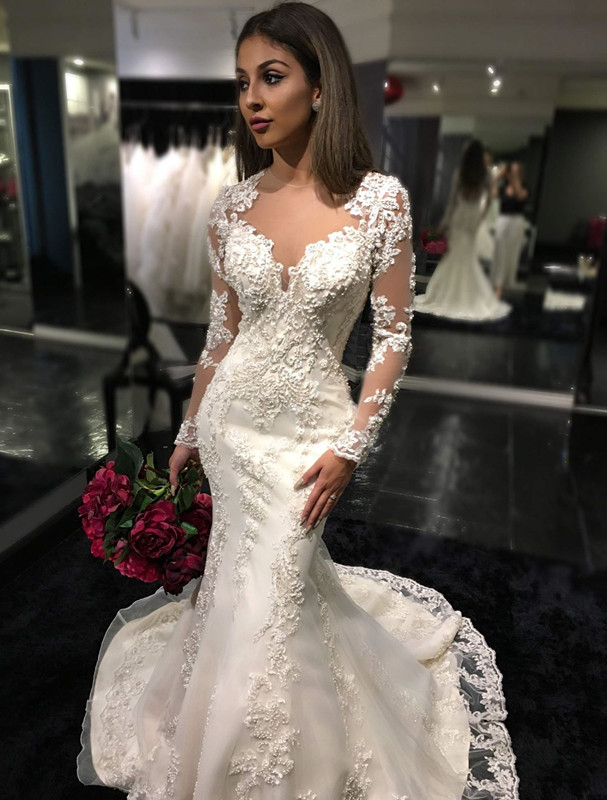 Elegant Long Sleeve Lace Wedding Dress Sexy Mermaid Zipper Button Back BA3741-27Dress.co.uk